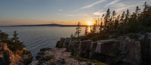 Beautiful sunset from Ravens Nest near Schoodic Point in Acadia National Park, Maine.