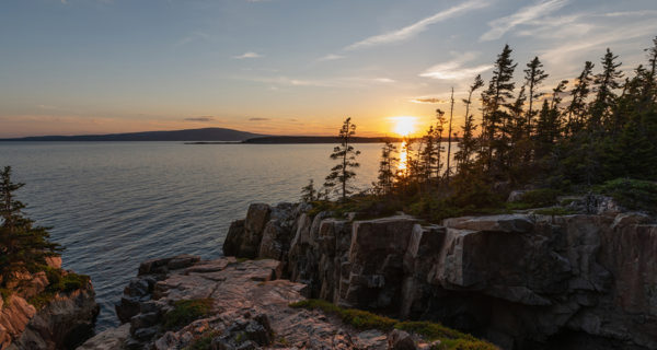 Beautiful sunset from Ravens Nest near Schoodic Point in Acadia National Park, Maine.