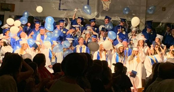 Balloons fall on Sumner graduates in blue and white
