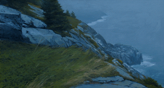 Painting of grass and rocky cliff with sea in background