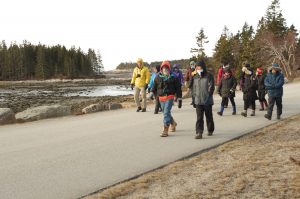 A group of people walking on a road with rocky shoreline in background