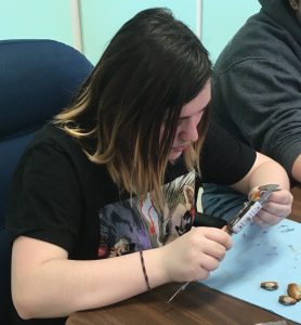 a student measuring a clam