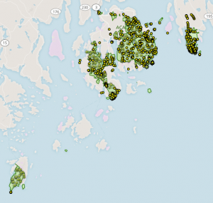 Map with dots indicating research permit locations. Most are on Mount Desert Island and Schoodic Point with fewer than 20 on Isle au Haut.