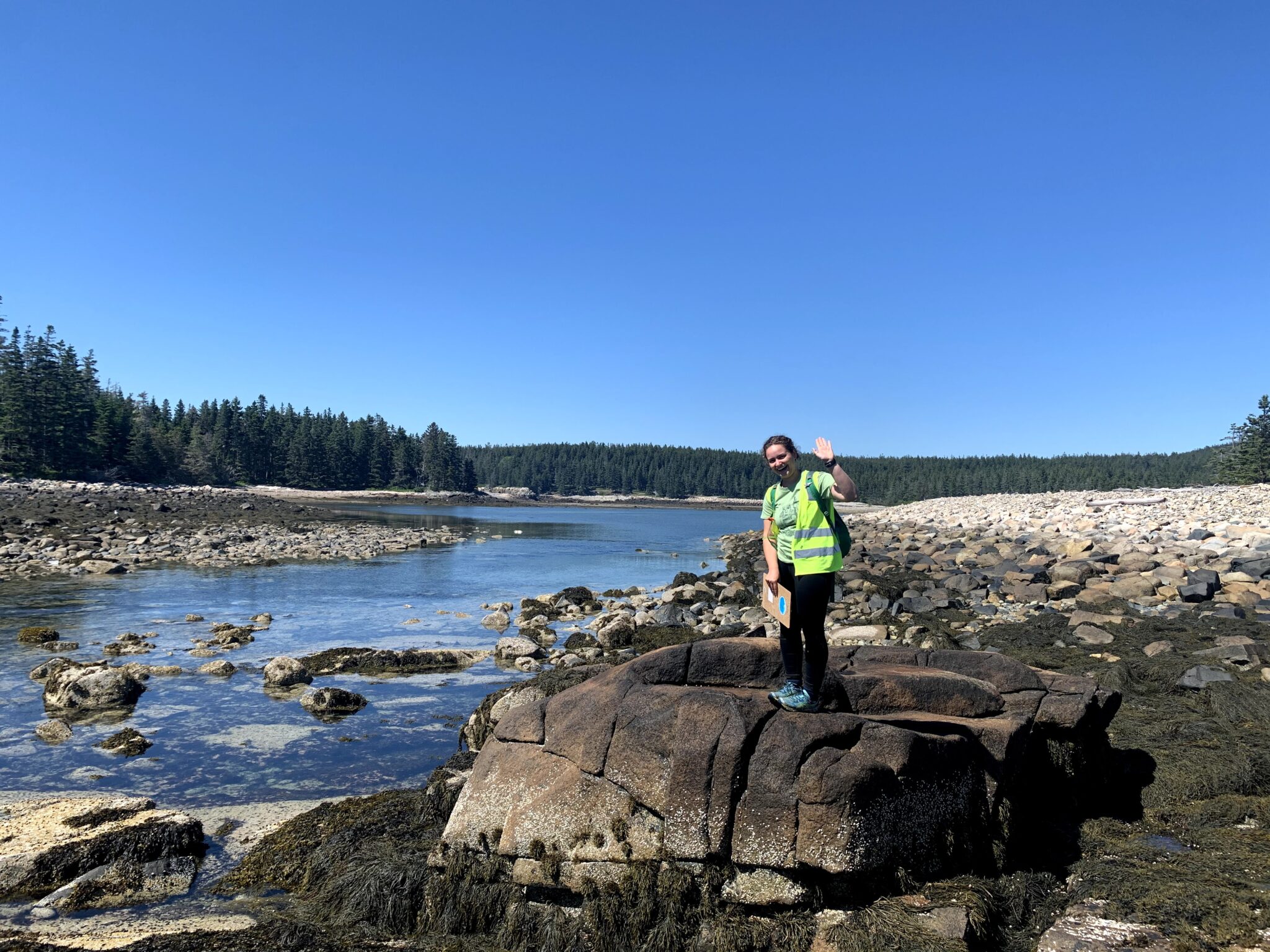 A smiling person stands on a rock along the shoreline, waving, with water, rocky shoreline, and forested shoreline in background.