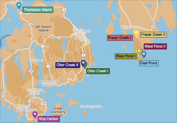 Map of Mount Desert Island and Schoodic Peninsula with sampling locations, from west to east, Ship Harbor, Otter Creek two, Otter Creek one, Frazer Creek one, Frazer Creek two, West Pond one, West Pond two, and East Pond.