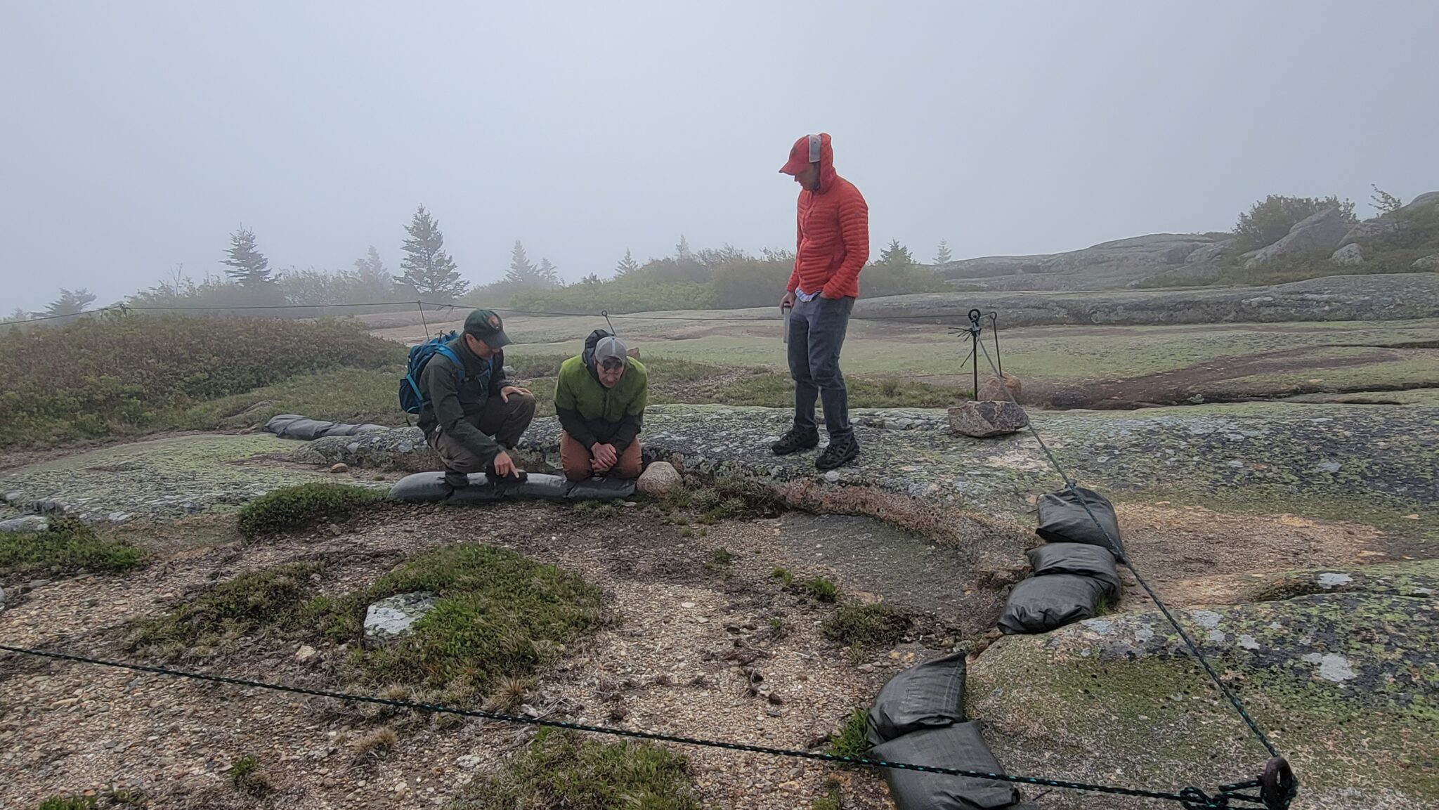 Three people kneel, stand, and squat on the edge of an area where soil and plants have eroded away from the Cadillac summit.