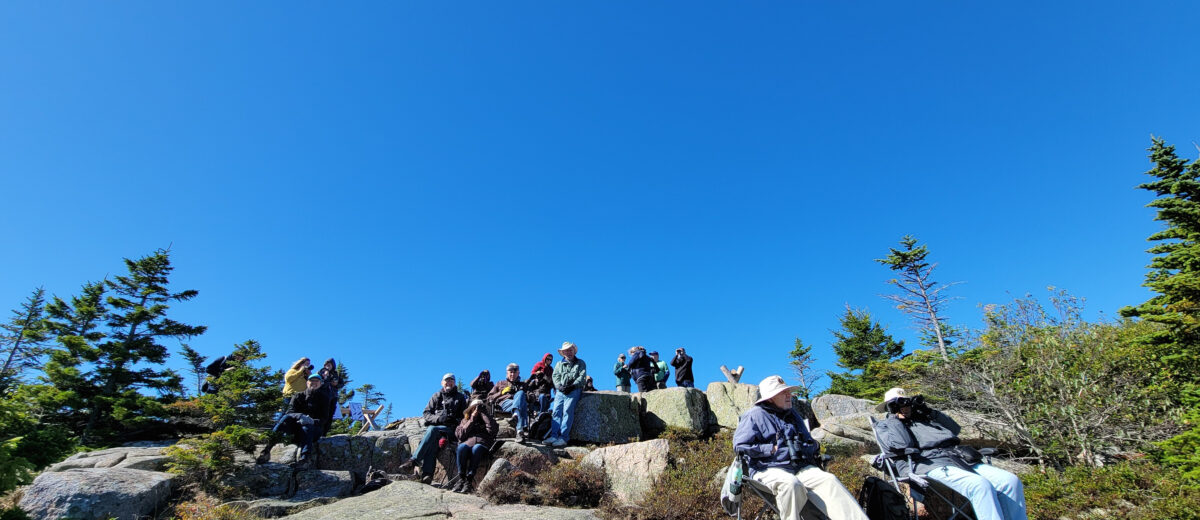 a group of about fifteen people sitting on rocky ledge looking through binoculars