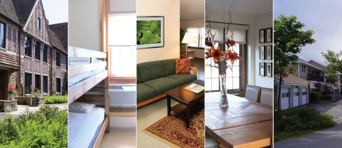 Collage of images featuring exterior view of Rockefeller Hall, dorm style bunkbeds, a wooded cabin, table bathed in sunlight, and garage with trees growing around it.