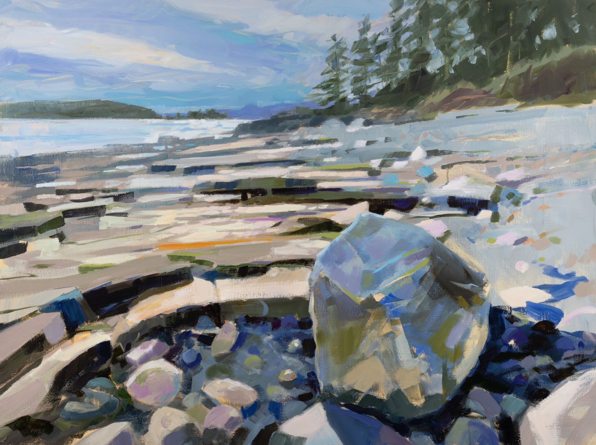 Oil painting by Philip Frey of coastal scene with large boulder in foreground and ocean with treeline in background.