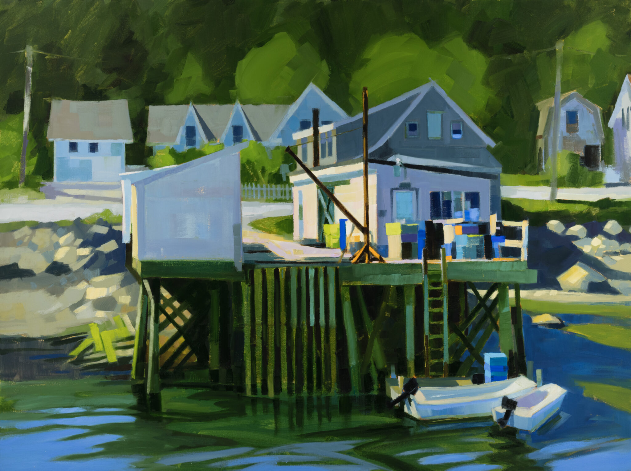 Oil painting by Philip Frey of a small building on the edge of a dock in a Maine harbor.