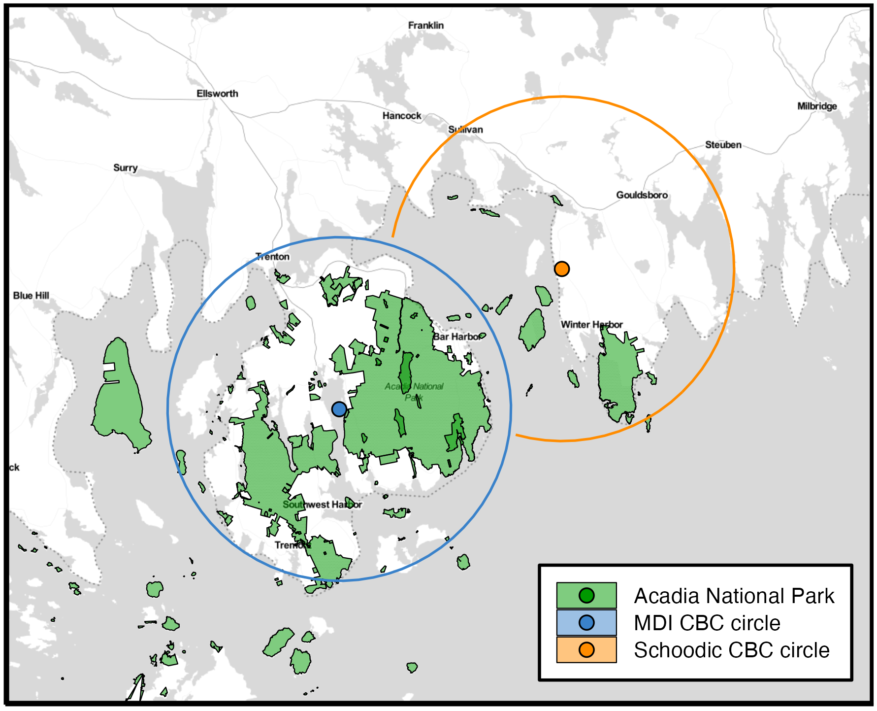 A map of the two Christmas Bird Count circles used in this study. The Mount Desert Island (MDI) circle is centered near Hall Quarry, Somes Sound and encompasses almost all of the island. The Schoodic Point circle is centered at the intersection of route 186 and the Summer Harbor Road in Gouldsboro, and encompasses the entire Schoodic Peninsula. Acadia National Park lands are also displayed and account for about 16 percent of the total area of the two circles.