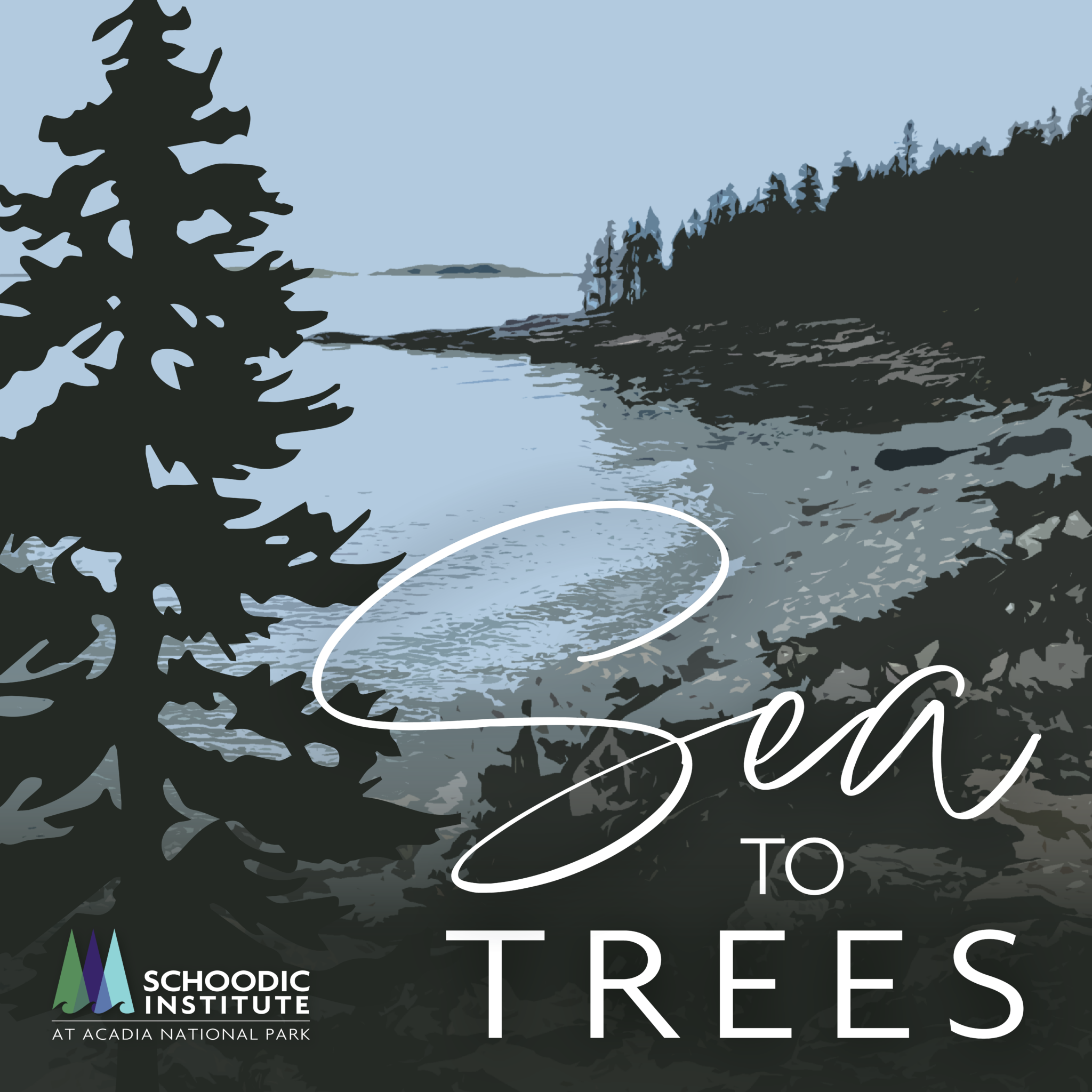 Illustrative graphic cover art for the Sea to Trees podcast, showing illustration of a tree in the foreground, and in the background is a small cover at lowtide with the ocean's horizon line in the background. A cool color palette is used, mainly blues, grays, deep greens.