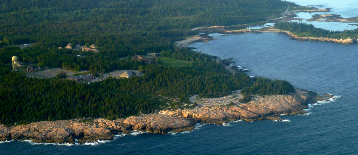 Aerial view of Schoodic Point and the Schoodic Institute at Acadia National Park campus.