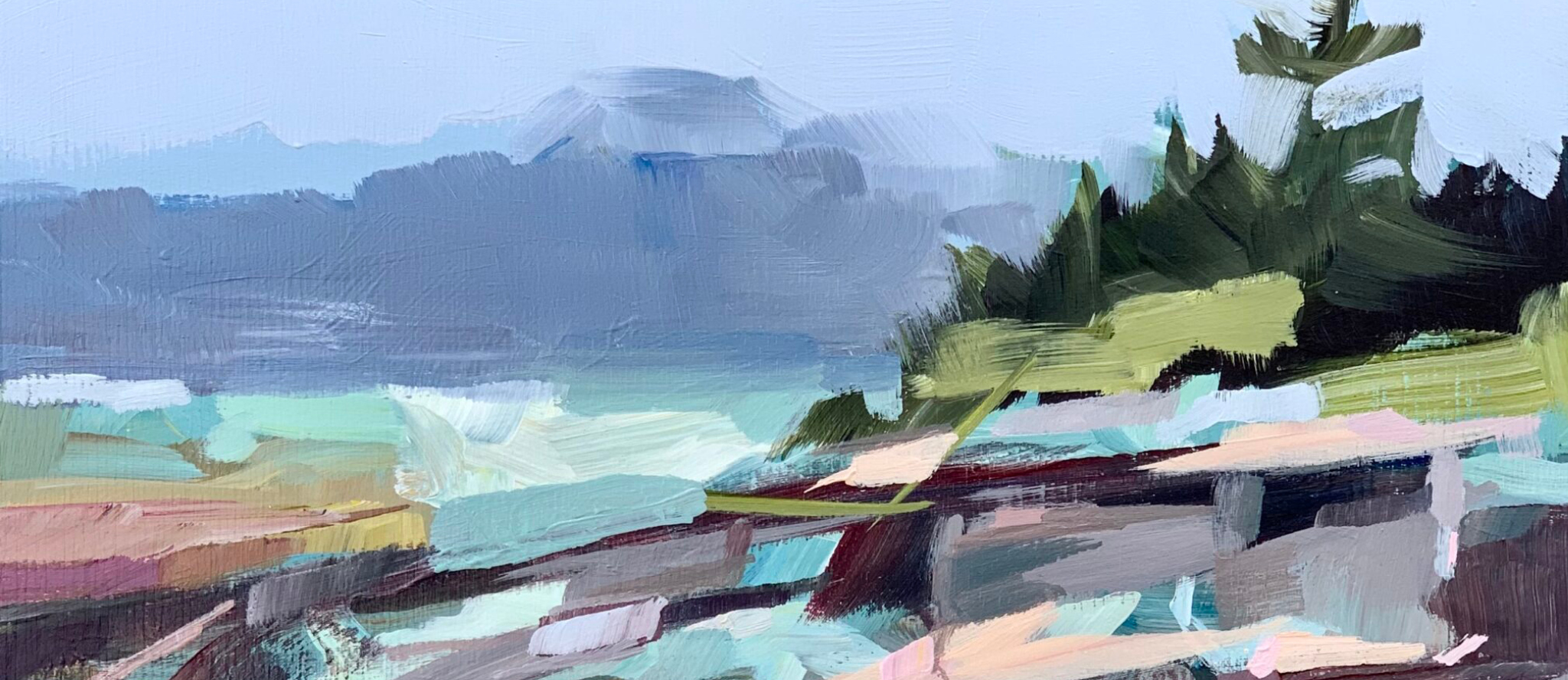 Detail of painting by Liz Prescott of the Maine coastline.