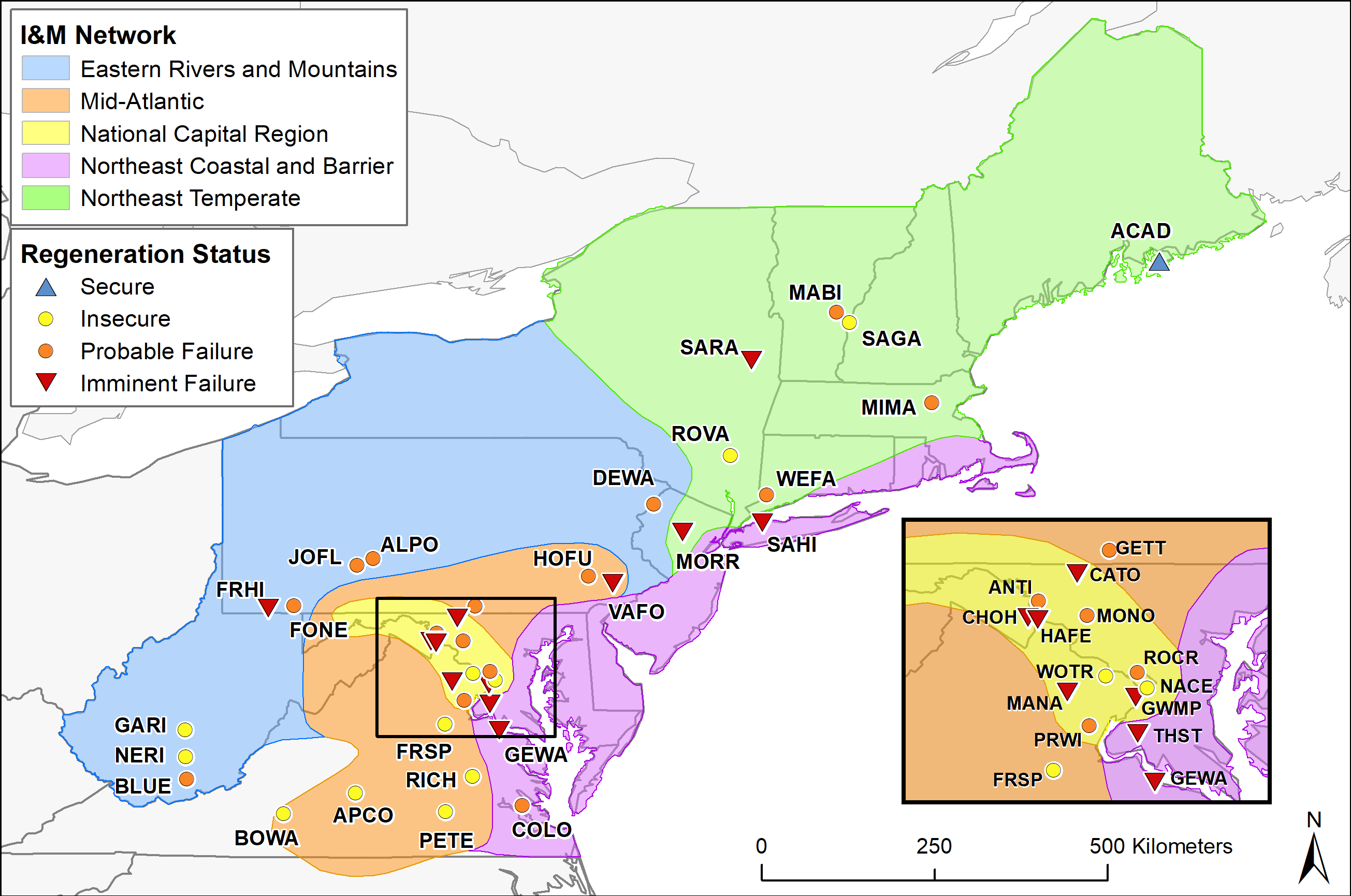 Map of parks showing study areas for forest regeneration