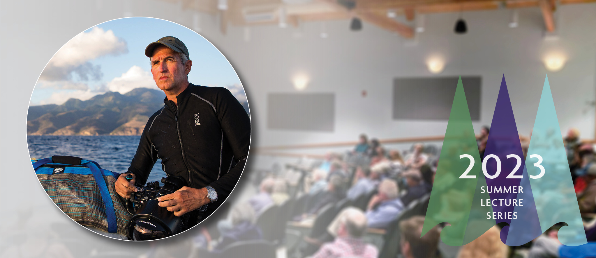 Headshot of Brian Skerry overlaid on a background image of a crowded auditorium at Schoodic Institute.