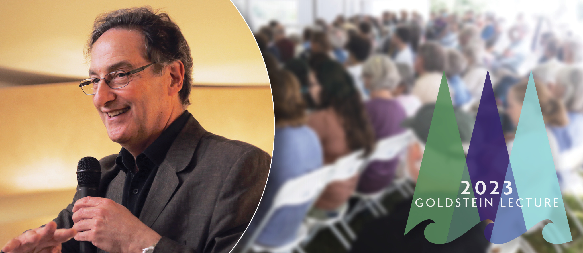 Headshot of Ira Flatow, science communicator, at left. At the right is a blurred photo of a lecture audience, all sitting in folded chairs facing the stage. The Schoodic Institute logo is overlaid, with the words "2023 Goldstein Lecture" featured.