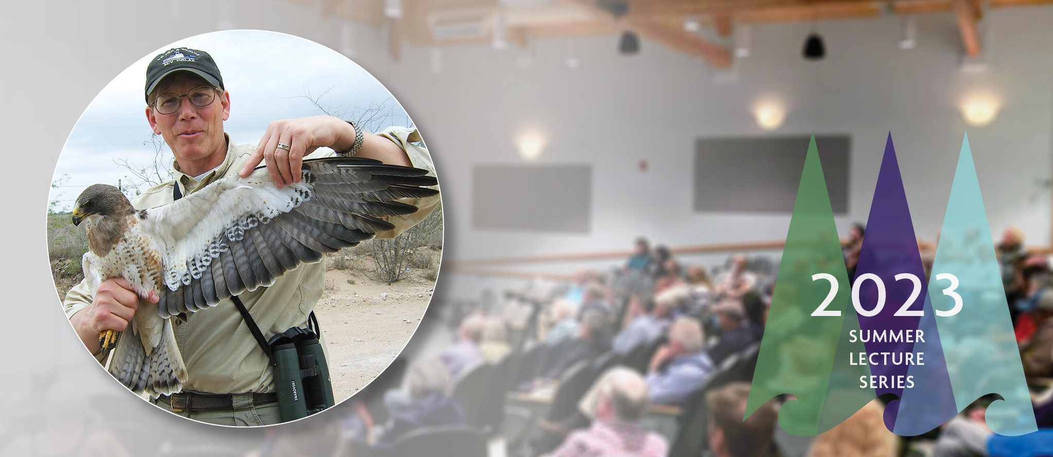 Headshot of Scott Weidensaul overlaid on a background image of a crowded auditorium at Schoodic Institute.