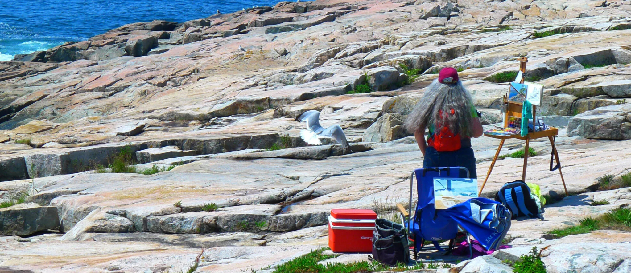 A plein-air painter works on a painting of the Maine coast.