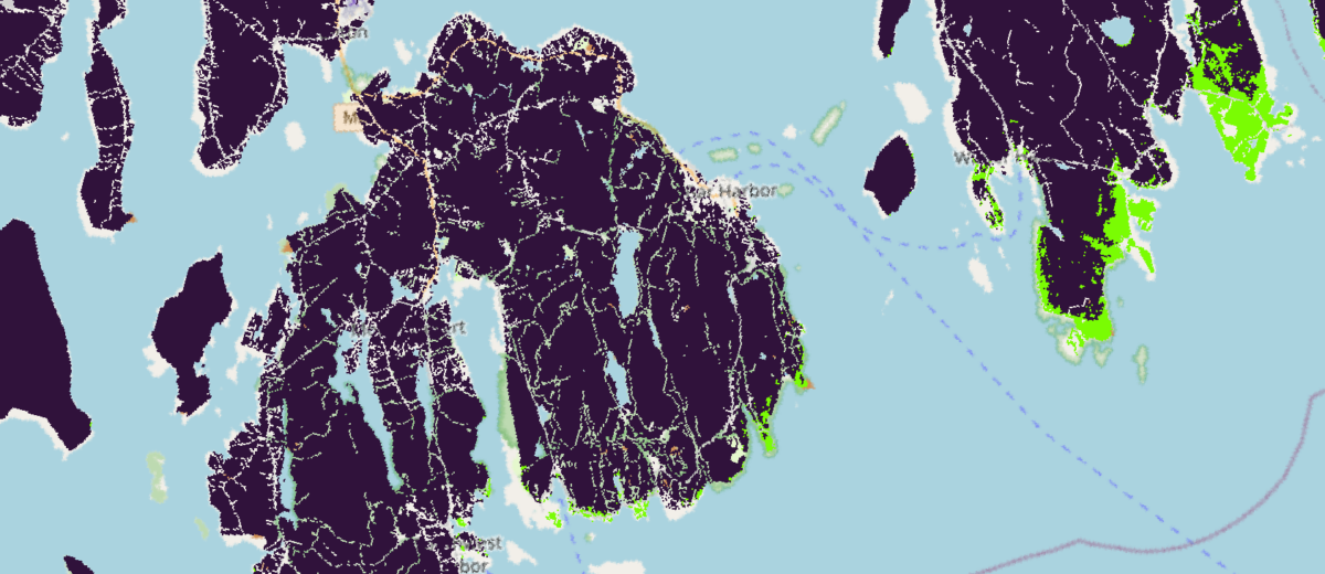 A map of the Maine coast zoomed in on Mount Desert Island and Schoodic Point, with areas along the coast and summits highlighted in light green