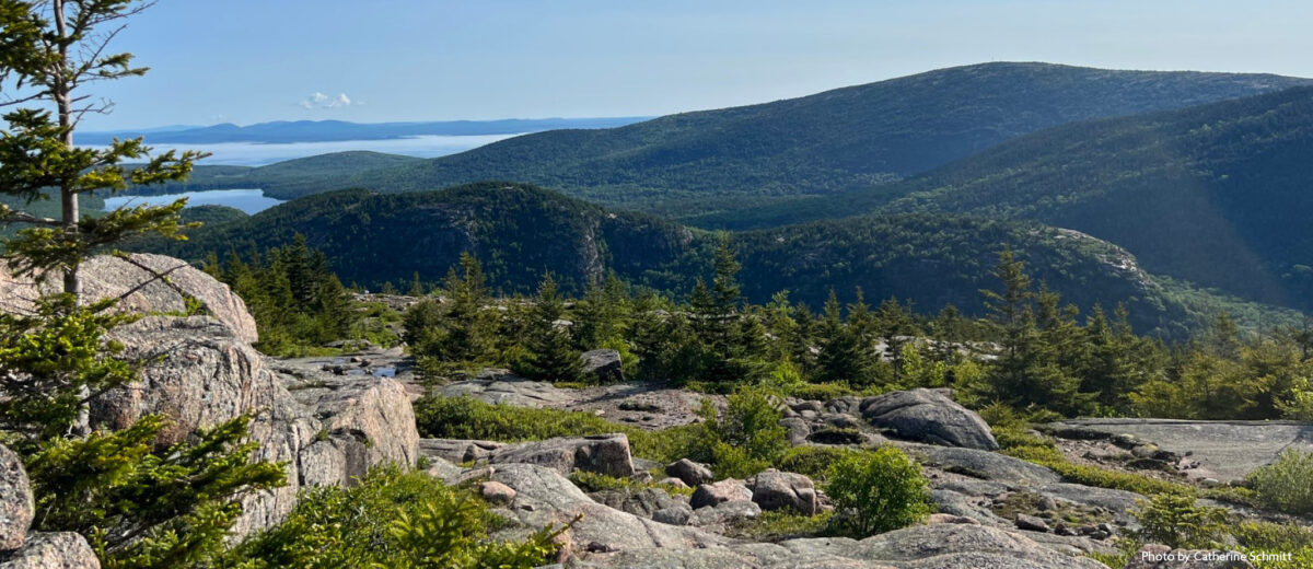 View from mountaintop in Acadia National Park, looking out toward the ocean beyond with blue sky above.