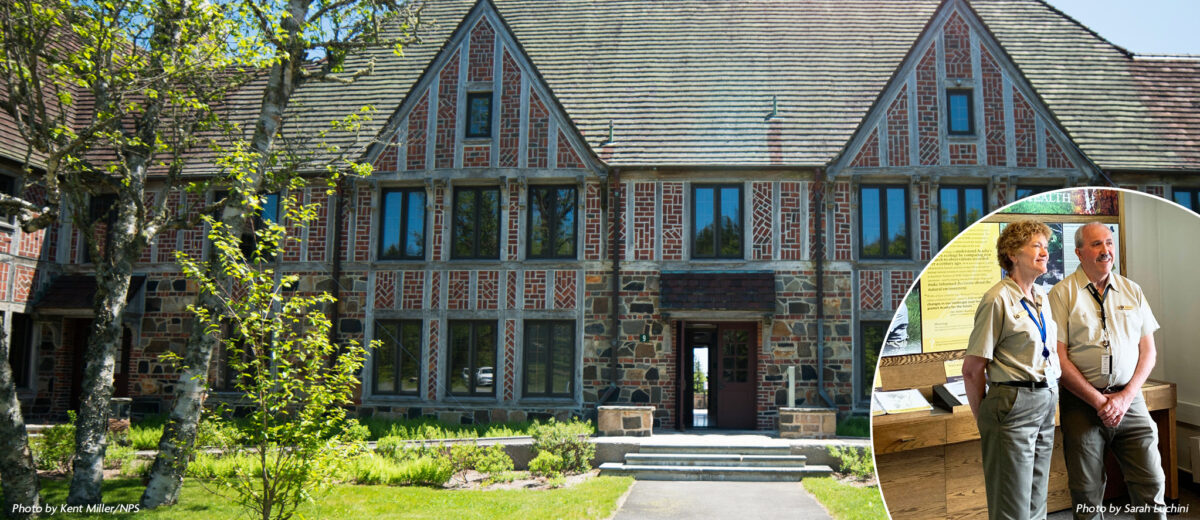 In the background is a photo of the main entrance of Rockefeller Hall on the Schoodic Institute campus on a sunny day. Overlaid in the right hand corner is a photo of two volunteer hosts, smiling at the camera.