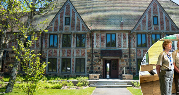 In the background is a photo of the main entrance of Rockefeller Hall on the Schoodic Institute campus on a sunny day. Overlaid in the right hand corner is a photo of two volunteer hosts, smiling at the camera.