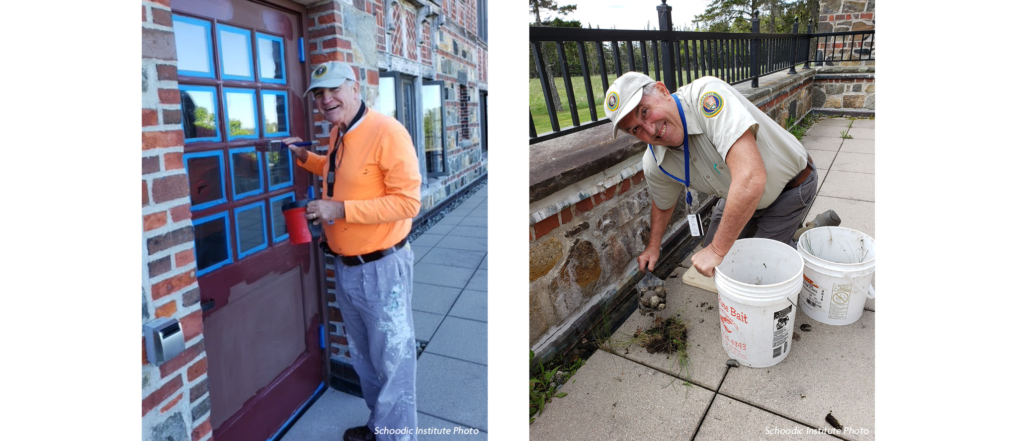 At the left hand side, volunteer host Tommy Jarrett applies a fresh coat of paint to the exterior of a door at Rockefeller Hall on the Schoodic Institute campus. At the right hand side, volunteer host John Foldeschi does some light maintenance to the outdoor patio at Schoodic Institute.
