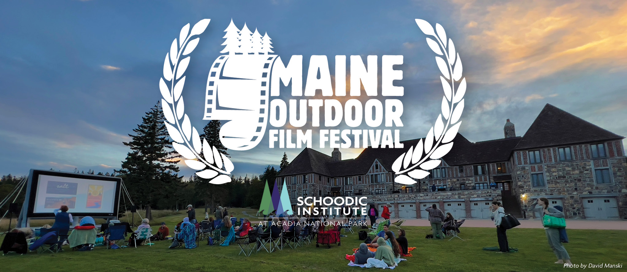 Banner image showing the Maine Outdoor Film Festival (MOFF) logo in all white, overlaid on a photo of an outdoor audience at a MOFF event. The sun is setting in the background and the Schoodic Institute logo is shown at the bottom of the image.