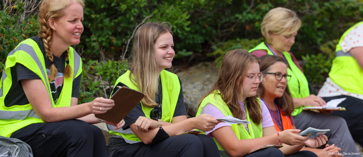 A group of students and volunteers sit along the forest edge near the coast, holding clip boards and wearing bright safety vests.
