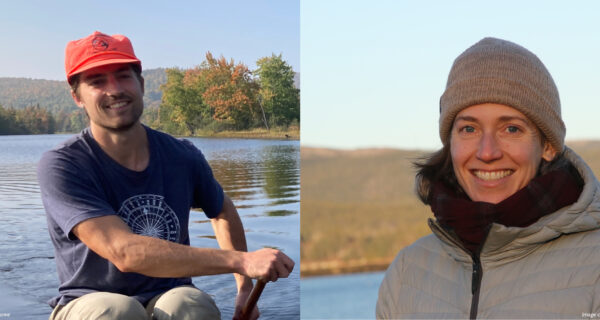 Photo banner consisting of two images. At left: Peter Howe, research fellow, paddles a canoe on a lake while smiling at the camera. At right: Maris Monroe, research fellow, smiles at the camera with a sunset view of a lake and treeline behind her.