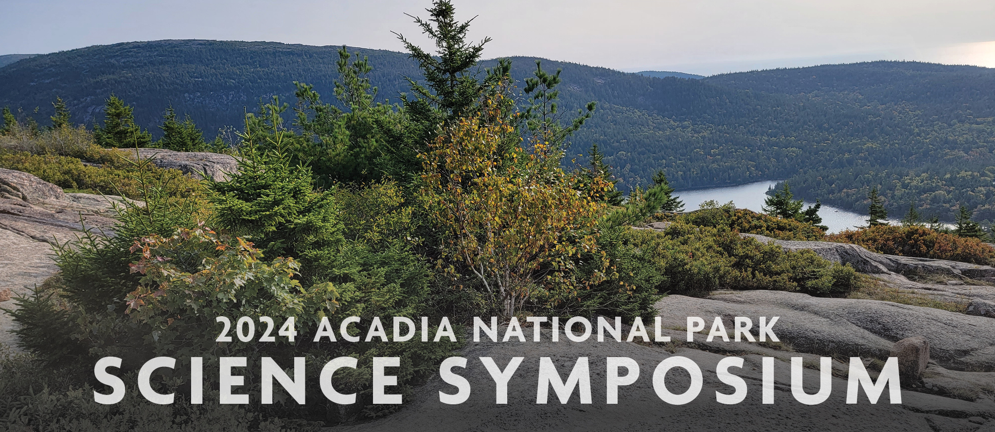 Mountain view at sunrise in Acadia National Park. Overlaid is text that reads: 2024 Acadia National Park Science Symposium.