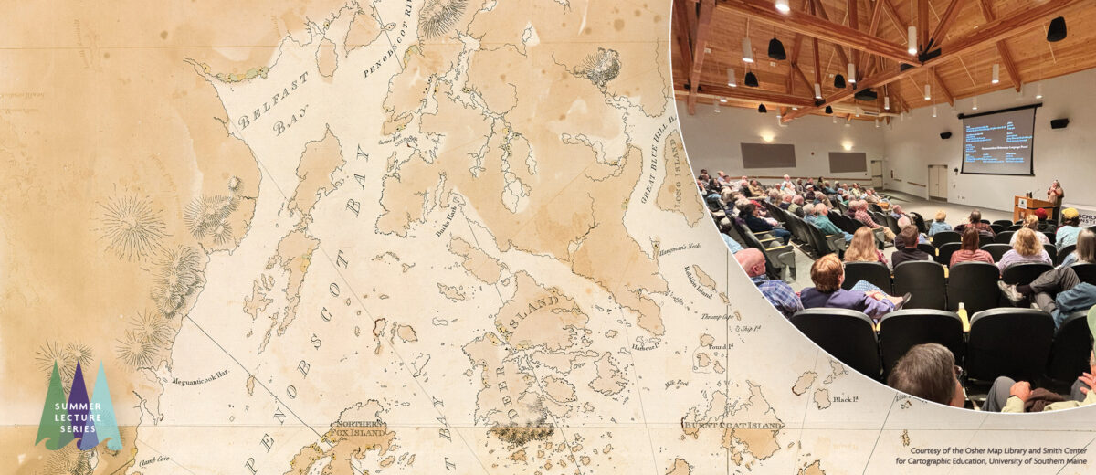 A historic map of the Schoodic (Maine) region, overlaid with Schoodic Institute's logo artwork and text that reads: Summer Lecture Series. At the right is an overlaid image of a crowded auditorium.