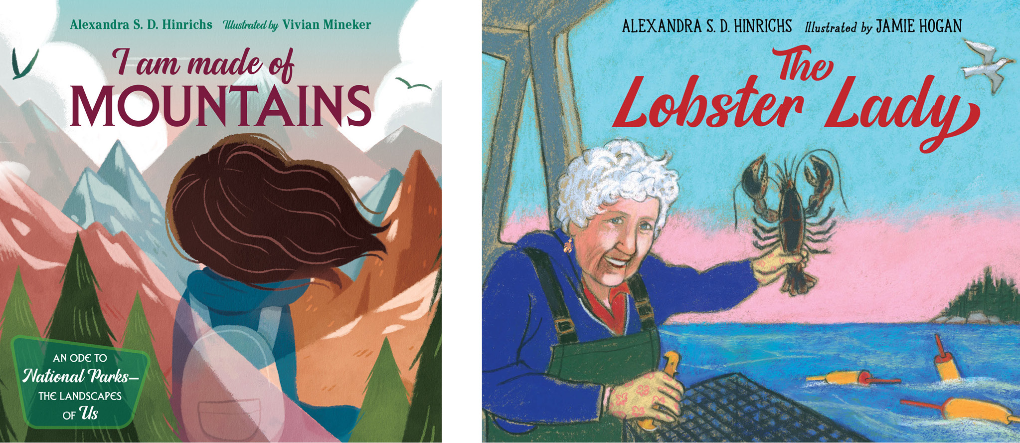 Front cover of two books, I am Made of Mountains and The Lobster Lady.