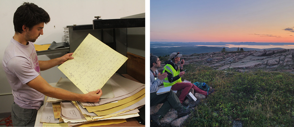 Two image collage featuring (at left) Peter Howe analyzes historical maps; (at right) two researchers sit near a mountain summit at daybreak.