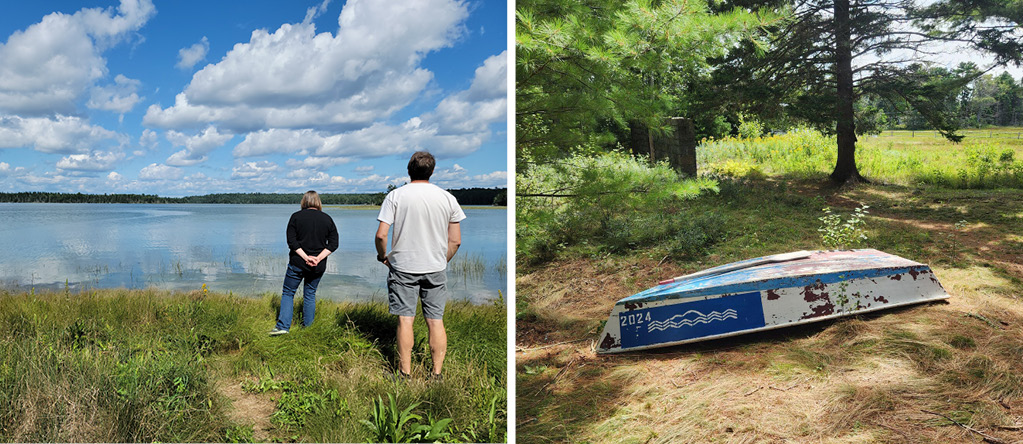 Two-image collage featuring (at left): Two people stand near the water's edge at the Ocearnarium in Bar Harbor while observing the impacts of sea level rise. At right, an overturned boat that floated in after intense storms lays in a field near the Oceanarium