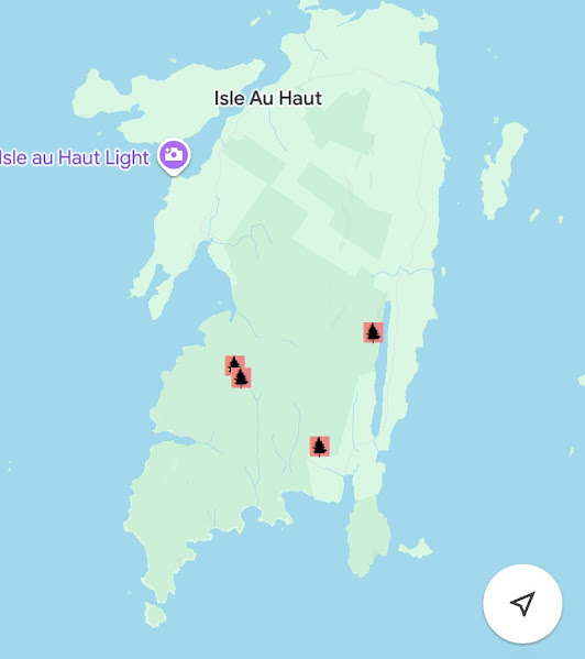 Map of forest plot locations on Isle au Haut