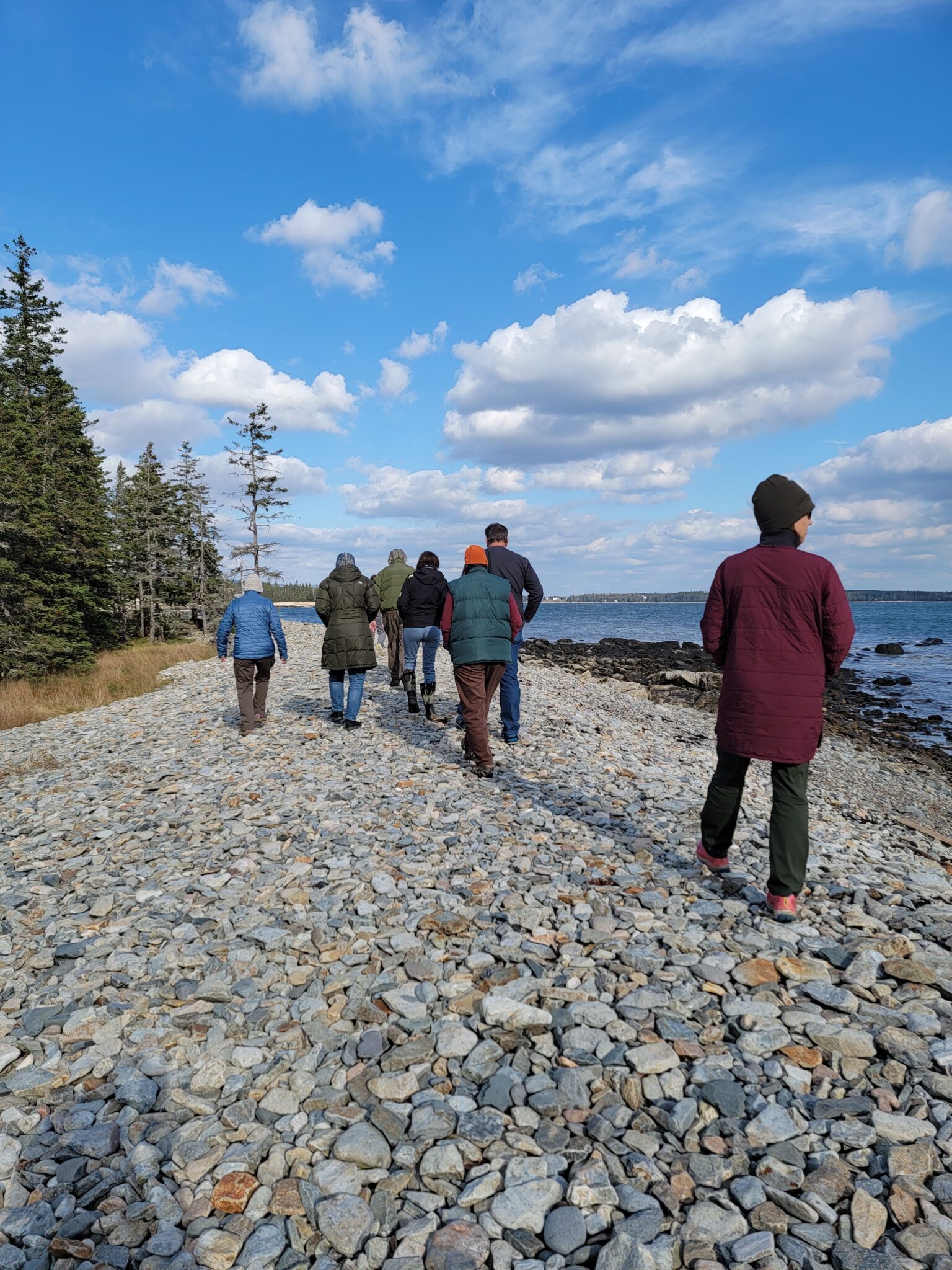 A group of people walk along the shore at Sea Wall on Mount Desert Island under a blue sky scattered with clouds