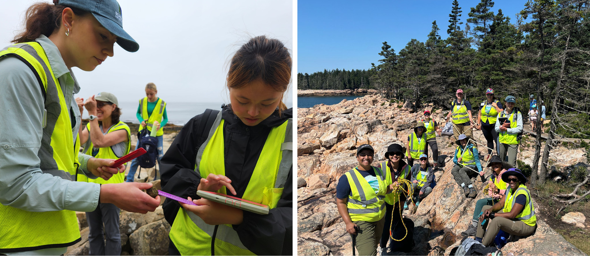 Left: Working alongside a teen group collecting data on shell deposition in the forest for our Cross Systems Subsidies project. Right: Earthwatch team of teachers from New York City gearing up to survey together at Ship Harbor for our Climate Refugia project