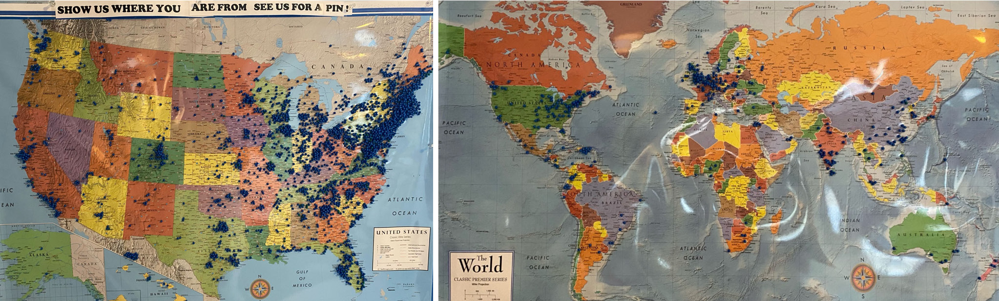 Maps of the United States (left) and the world (right) indicate hometowns of visitors to the Welcome Center