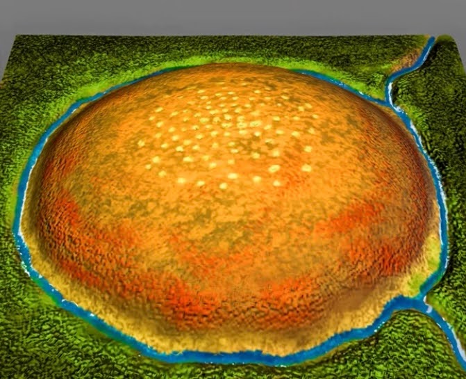 A topographic model of a raised bog, with colors denoting small differences in elevation.