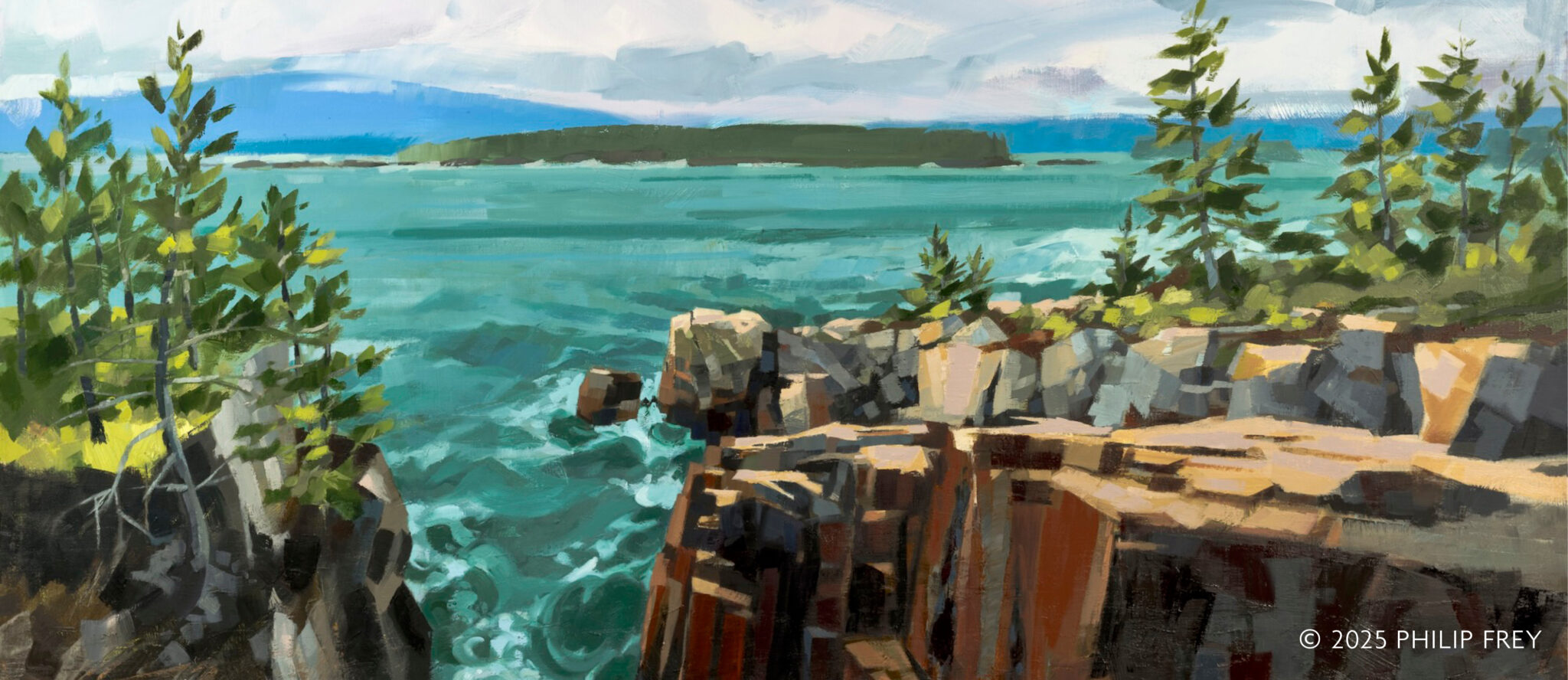 Oil painting detail showing Raven's Nest on the Schoodic Peninsula, with the horizon line in the background