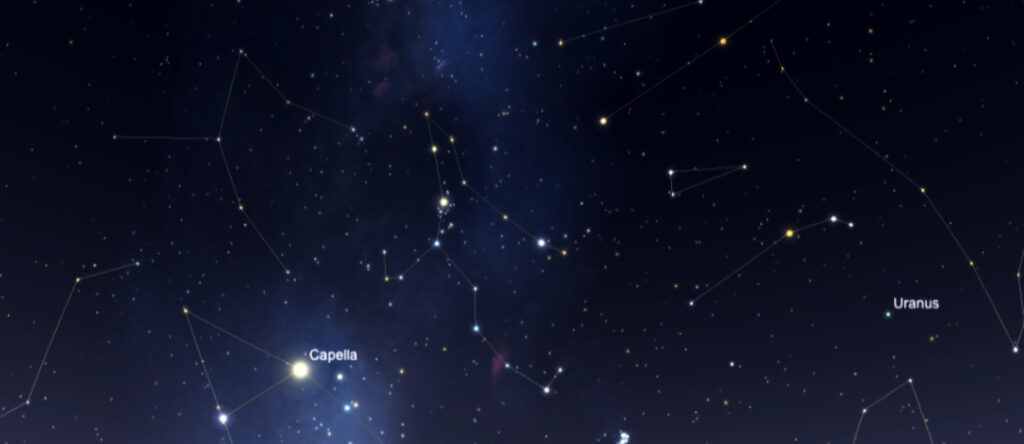 A view of the dark, starry night sky with specific constellations highlighted