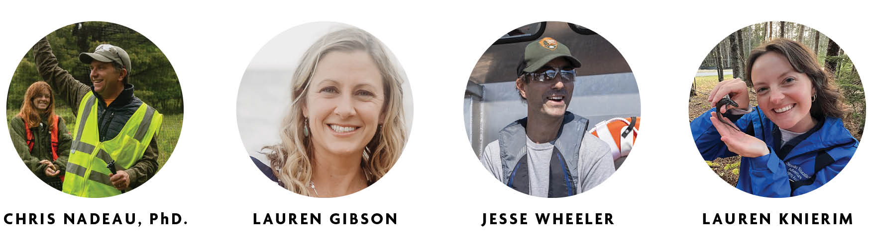 Photos of four people (from left to right): Chris Nadeau, Lauren Gibson, Jeese Wheeler, and Lauren Knerim