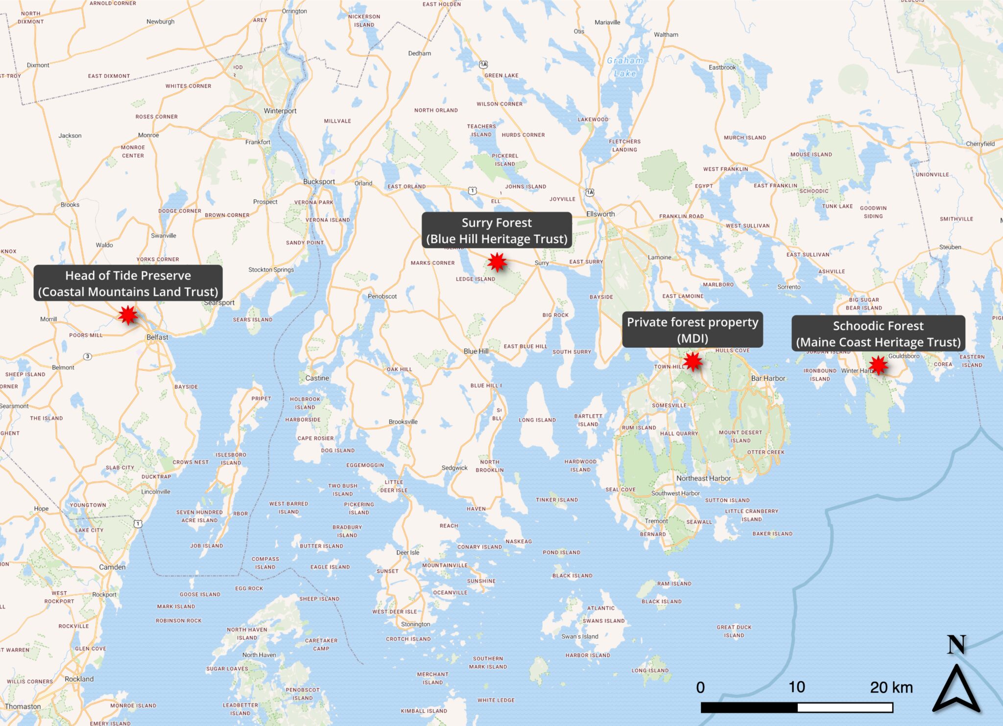 A section map of coastal Maine showing the four Future Forests plots, which are indicated by red stars and blocks of text