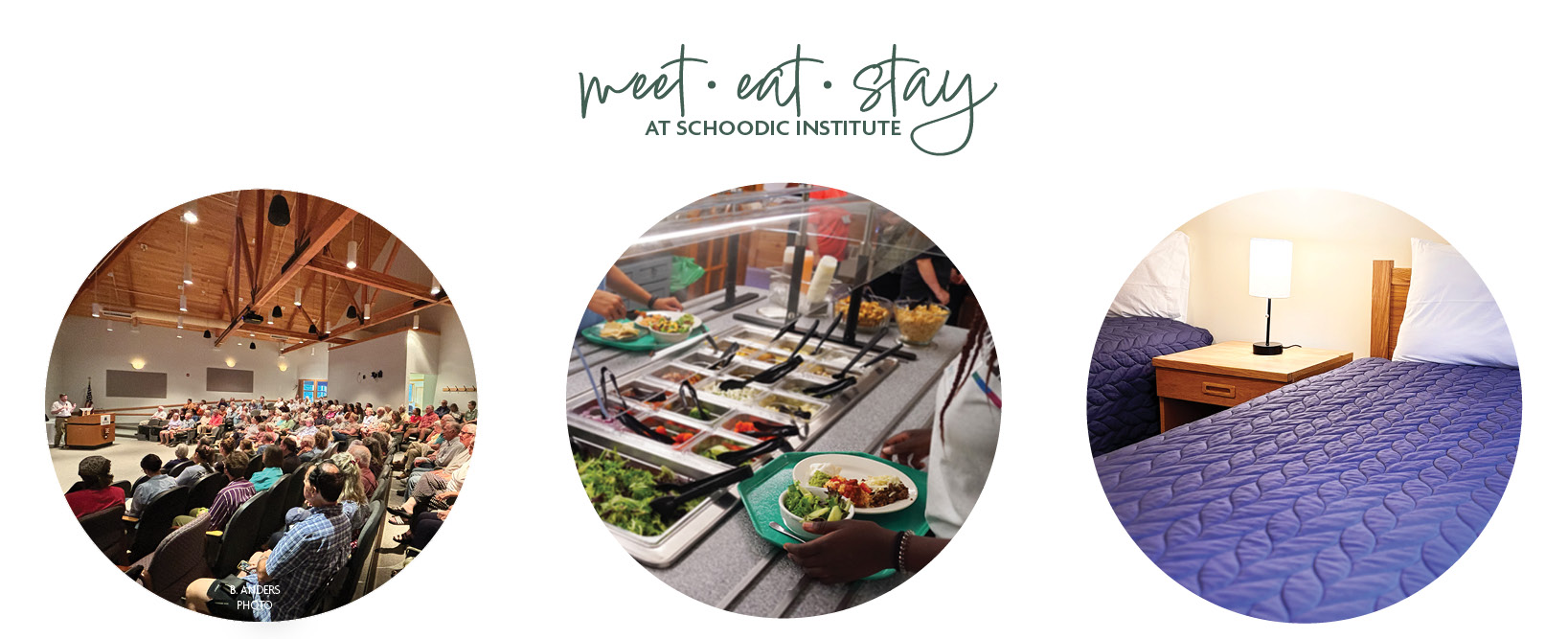 Collage image featuring three photos (left to right): a crowded auditorium, fresh food buffet, and a neatly made bed