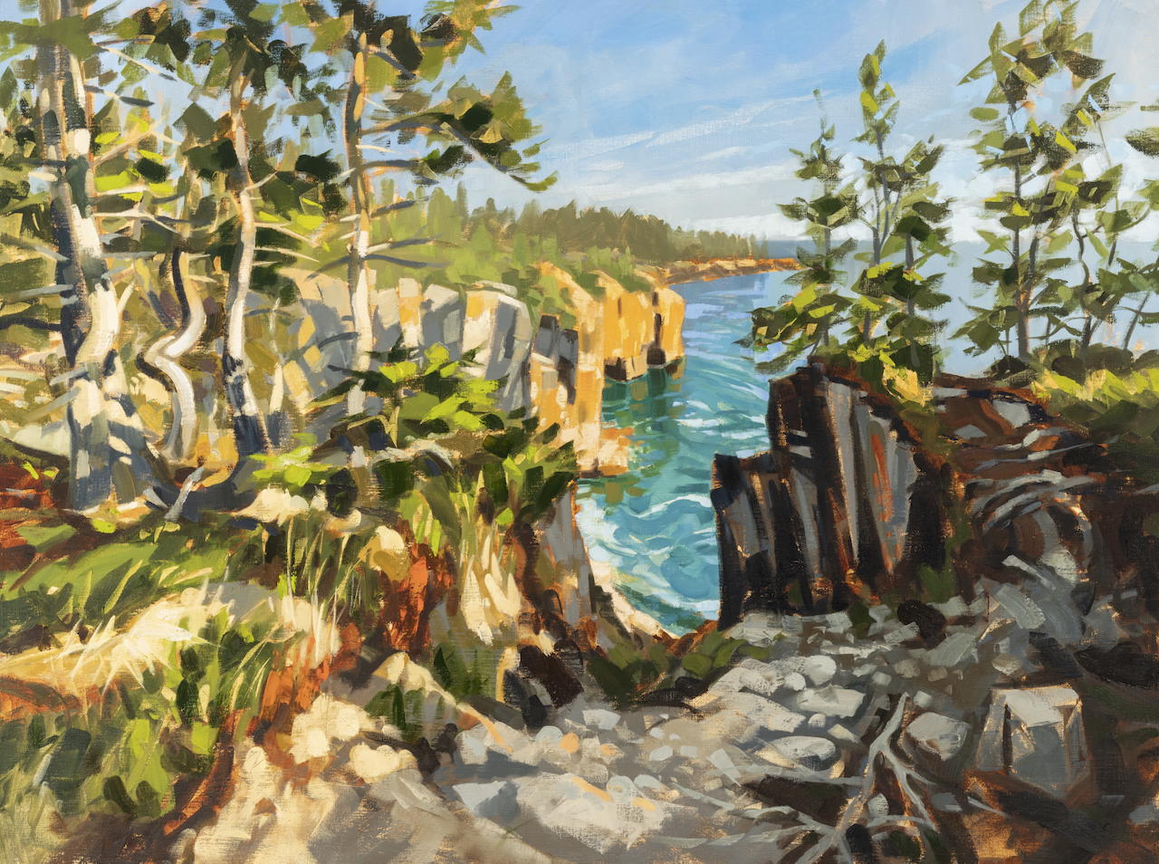 painting of Raven's Nest in Acadia on a sunny afternoon, completed in a painterly style with wide brushstrokes and warm tones